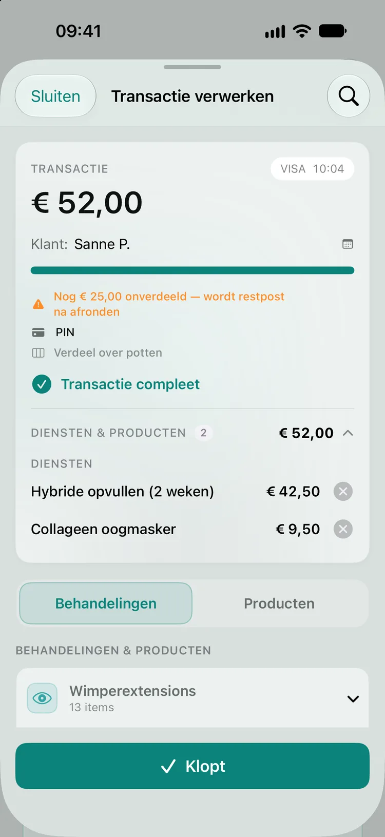 Transactie compleet: de betaling van € 52,00 is verdeeld over Hybride opvullen (2 weken) € 42,50 en Collageen oogmasker € 9,50, met onderaan de knop Klopt.
