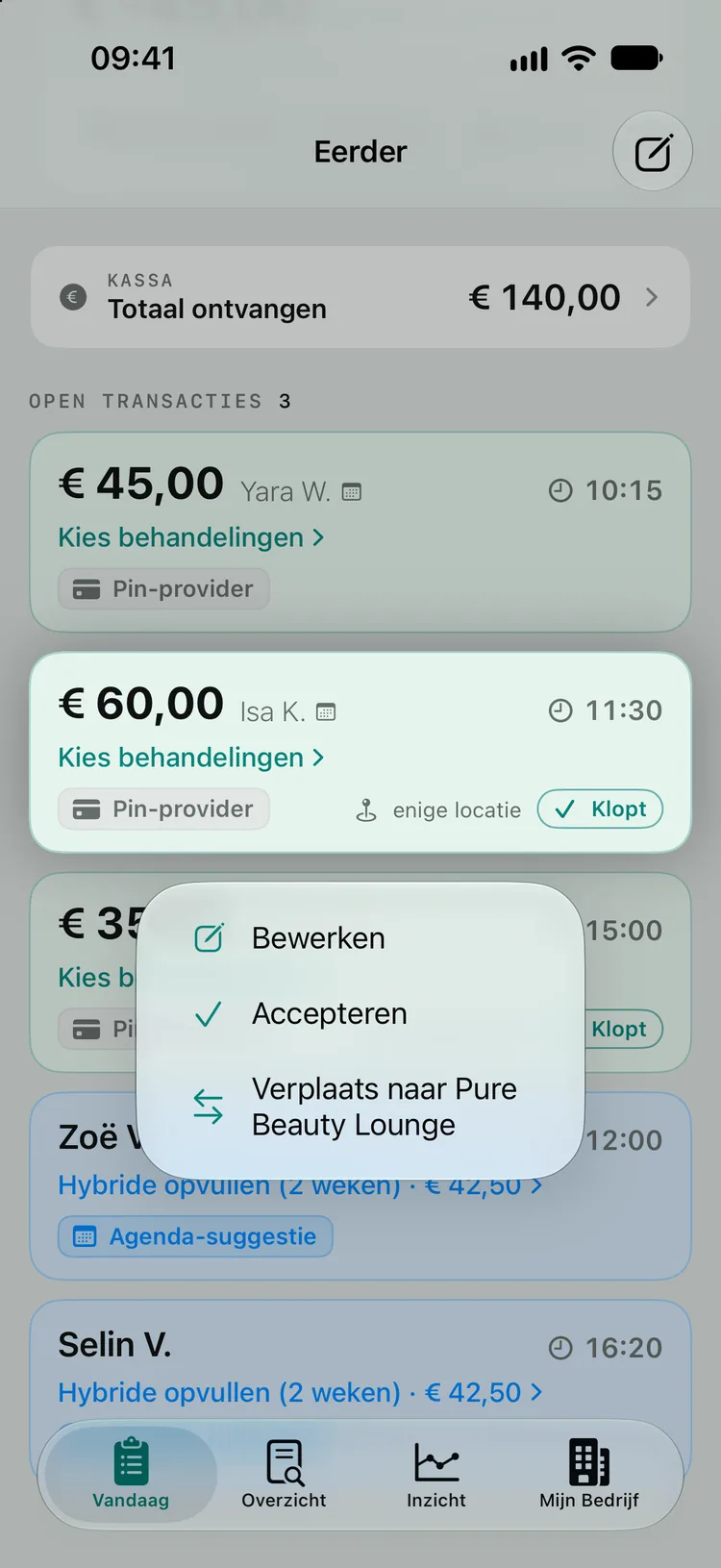 Een ingedrukte pinbetaling van Isa K. (€ 60,00, 11:30) met het menu Bewerken, Accepteren en Verplaats naar Pure Beauty Lounge.